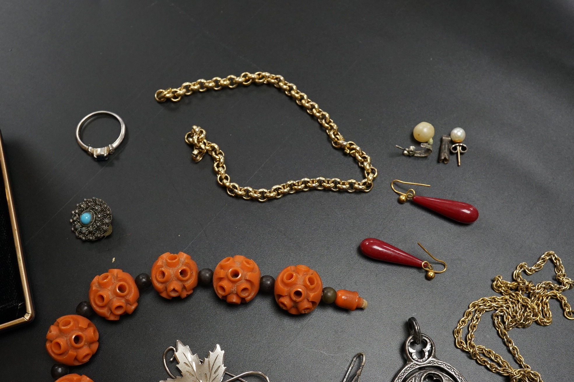 A small group of assorted costume and other jewellery, including a late Victorian silver hexagonal brooch(a.f.) a platinum and gem set ring and two pens Waterman and Elysee.